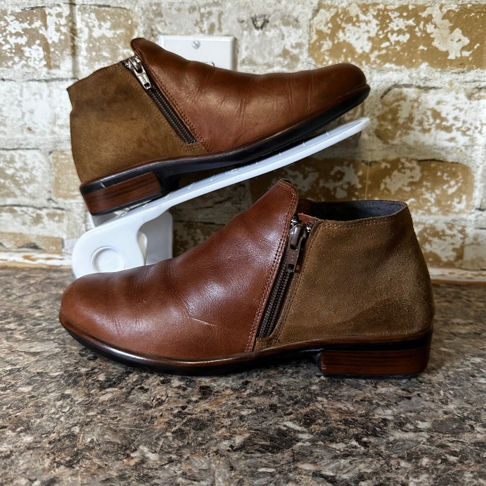 Naot Ankle Boots Womens 37 Brown Good Leather Suede Side Zip Mixed Media Booties